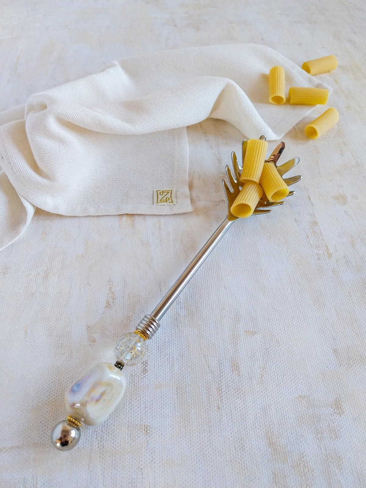 Pasta Server Spoon Cream and Golden Beads for Serving Pasta, Spaghetti or Noodles- Zapurah - Home Decor - www.zapurah.com