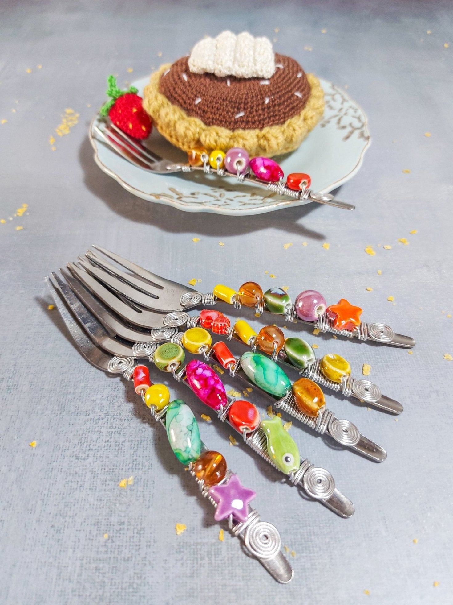 Dessert Forks Beaded with Multi Color Beads for Cake, Pastry or Pie - Set of 6 - Zapurah - Lifestyle - www.zapurah.com