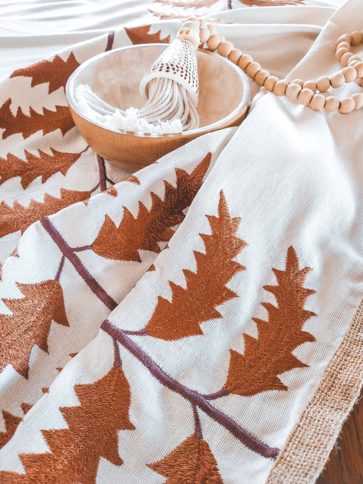 Luxurious Cotton Tablecloth with Terra Cotta Leafs Embroidery and Jute Borders - Zapurah - Tablescapes - www.zapurah.com