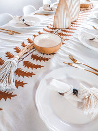 Luxurious Cotton Tablecloth with Terra Cotta Leafs Embroidery and Jute Borders - Zapurah - Tablescapes - www.zapurah.com