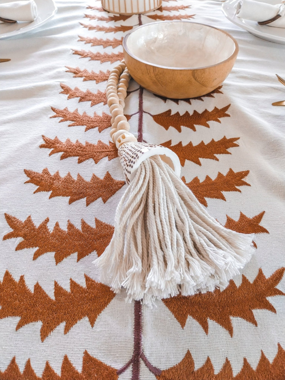 Luxurious Cotton Tablecloth with Terra Cotta Leafs Embroidery and Jute Borders - Zapurah - Tablescapes - www.zapurah.com