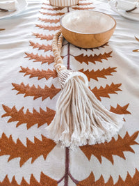 Luxurious Cotton Tablecloth with Terra Cotta Leafs Embroidery and Jute Borders - Zapurah - Tablescapes - www.zapurah.com