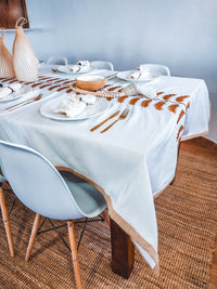 Luxurious Cotton Tablecloth with Terra Cotta Leafs Embroidery and Jute Borders - Zapurah - Tablescapes - www.zapurah.com