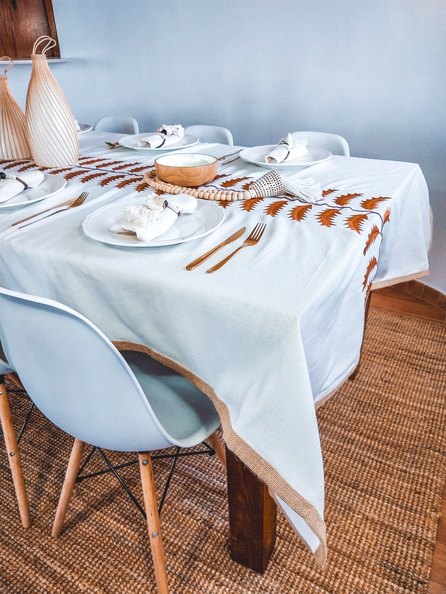 Luxurious Cotton Tablecloth with Terra Cotta Leafs Embroidery and Jute Borders - Zapurah - Tablescapes - www.zapurah.com