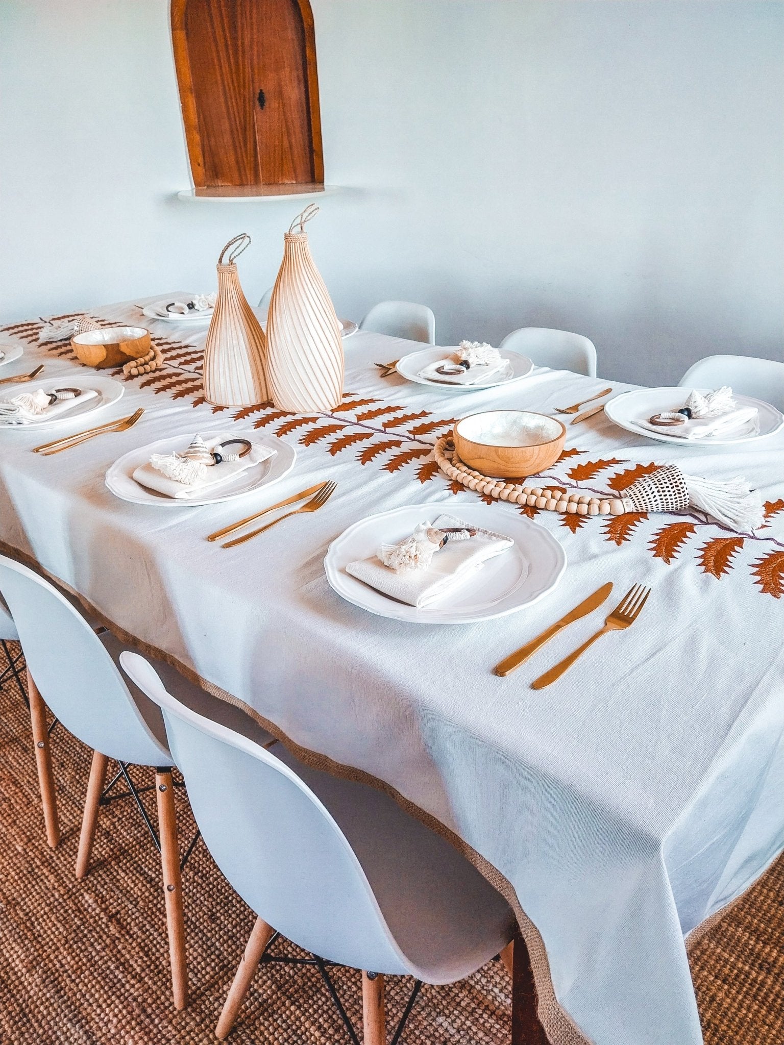 Luxurious Cotton Tablecloth with Terra Cotta Leafs Embroidery and Jute Borders - Zapurah - Tablescapes - www.zapurah.com