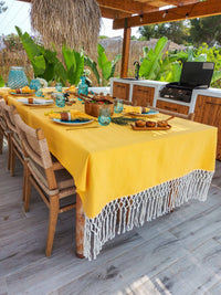 Yellow Cotton Tablecloth with Cotton Macrame Fringe on the Sides - Zapurah - Tablescapes - www.zapurah.com