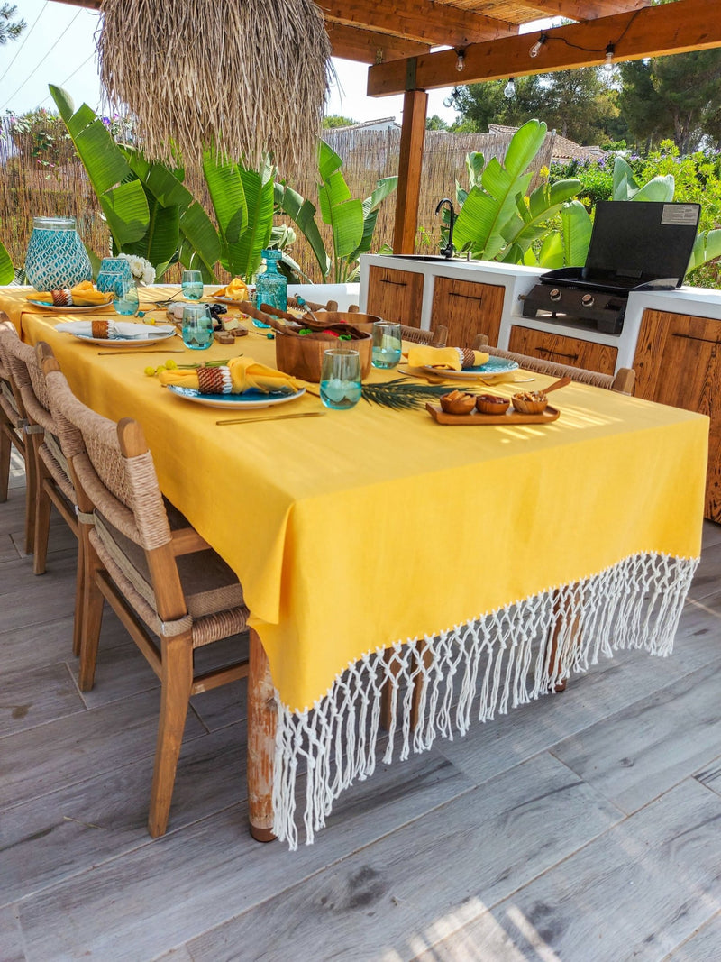 Yellow Cotton Tablecloth with Cotton Macrame Fringe on the Sides - Zapurah - Tablescapes - www.zapurah.com