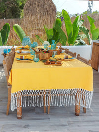 Yellow Cotton Tablecloth with Cotton Macrame Fringe on the Sides - Zapurah - Tablescapes - www.zapurah.com