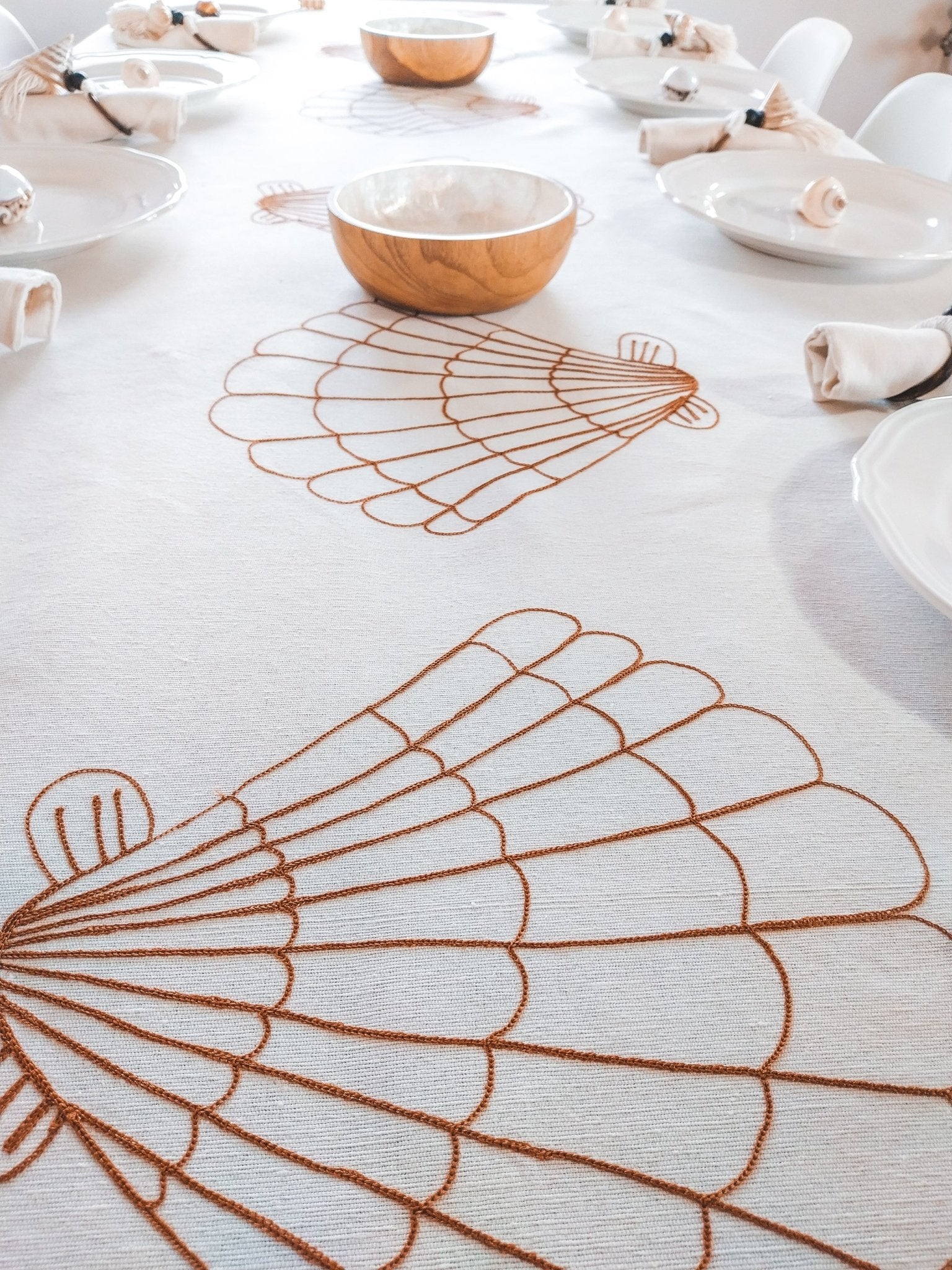 Cotton Tablecloth Deluxe with Terra Cotta Embroidered Shells - Zapurah - Tablescapes - www.zapurah.com