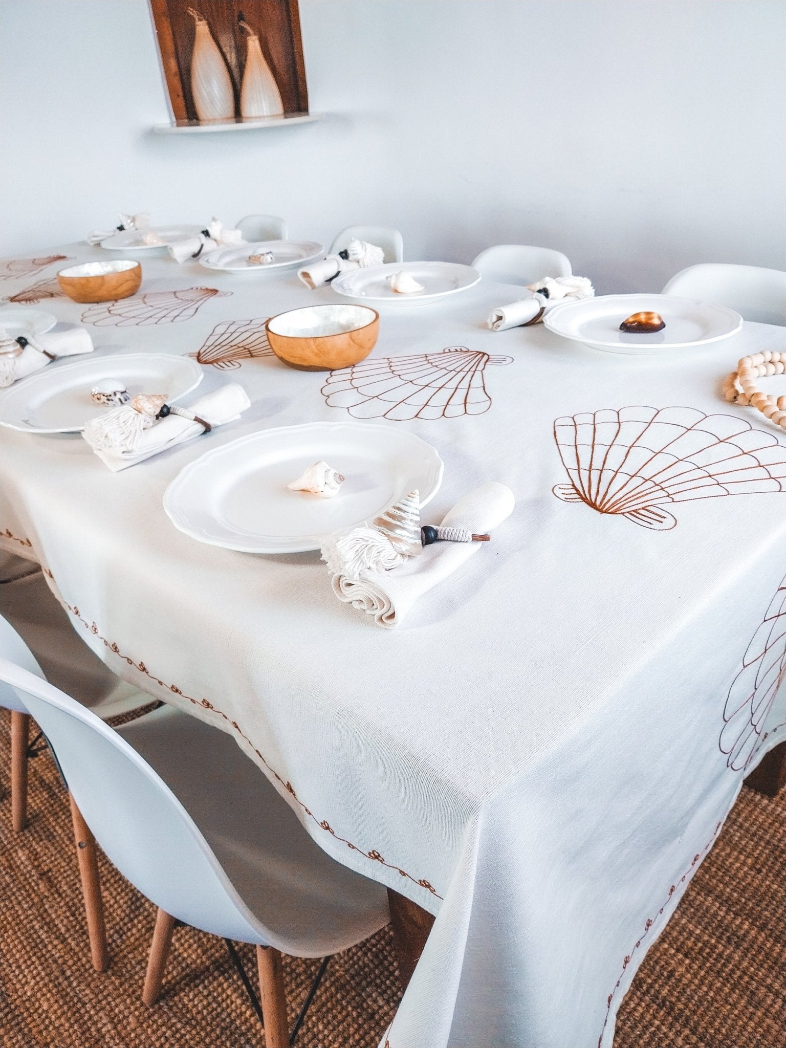 Cotton Tablecloth Deluxe with Terra Cotta Embroidered Shells - Zapurah - Tablescapes - www.zapurah.com