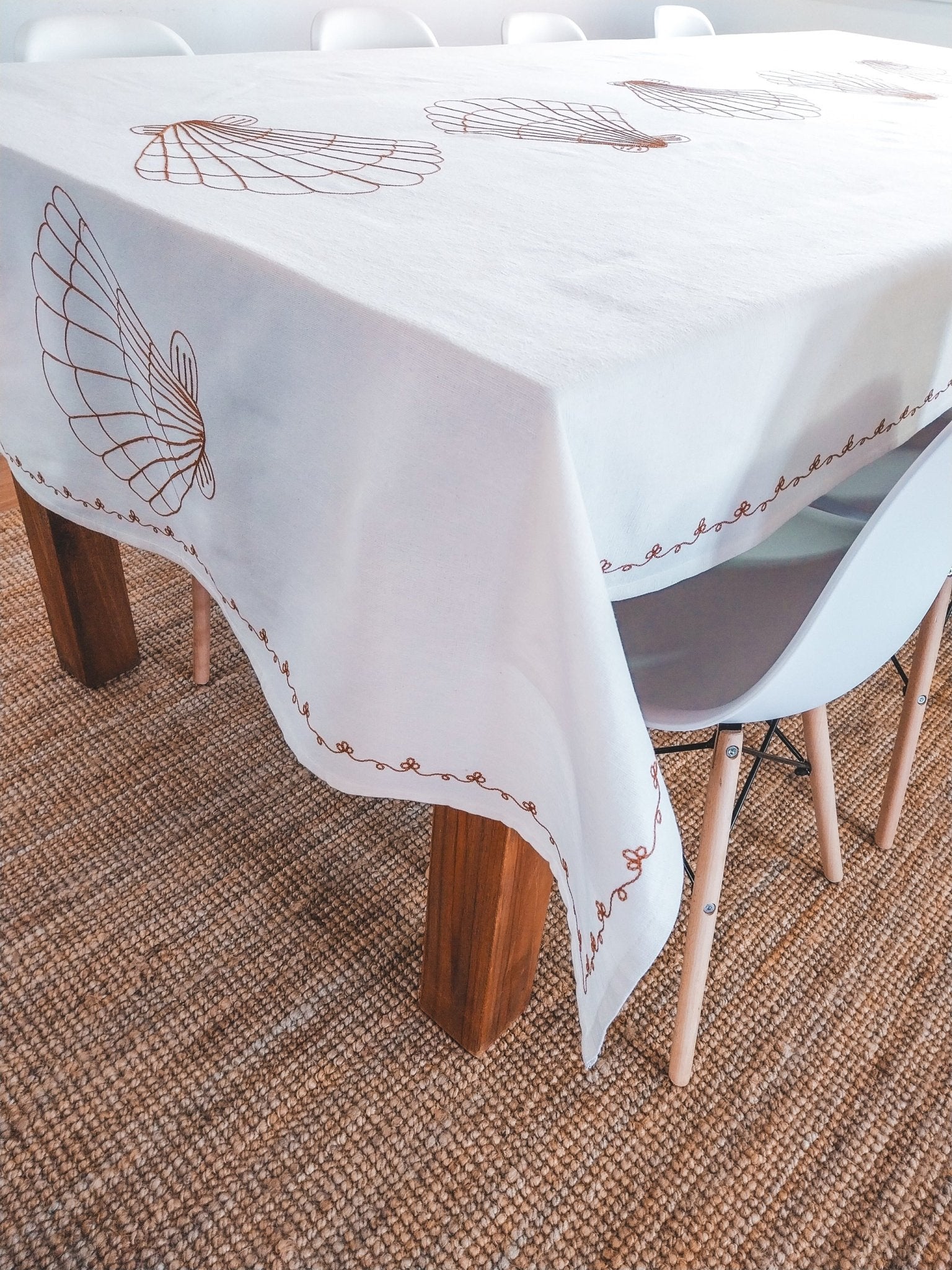 Cotton Tablecloth Deluxe with Terra Cotta Embroidered Shells - Zapurah - Tablescapes - www.zapurah.com