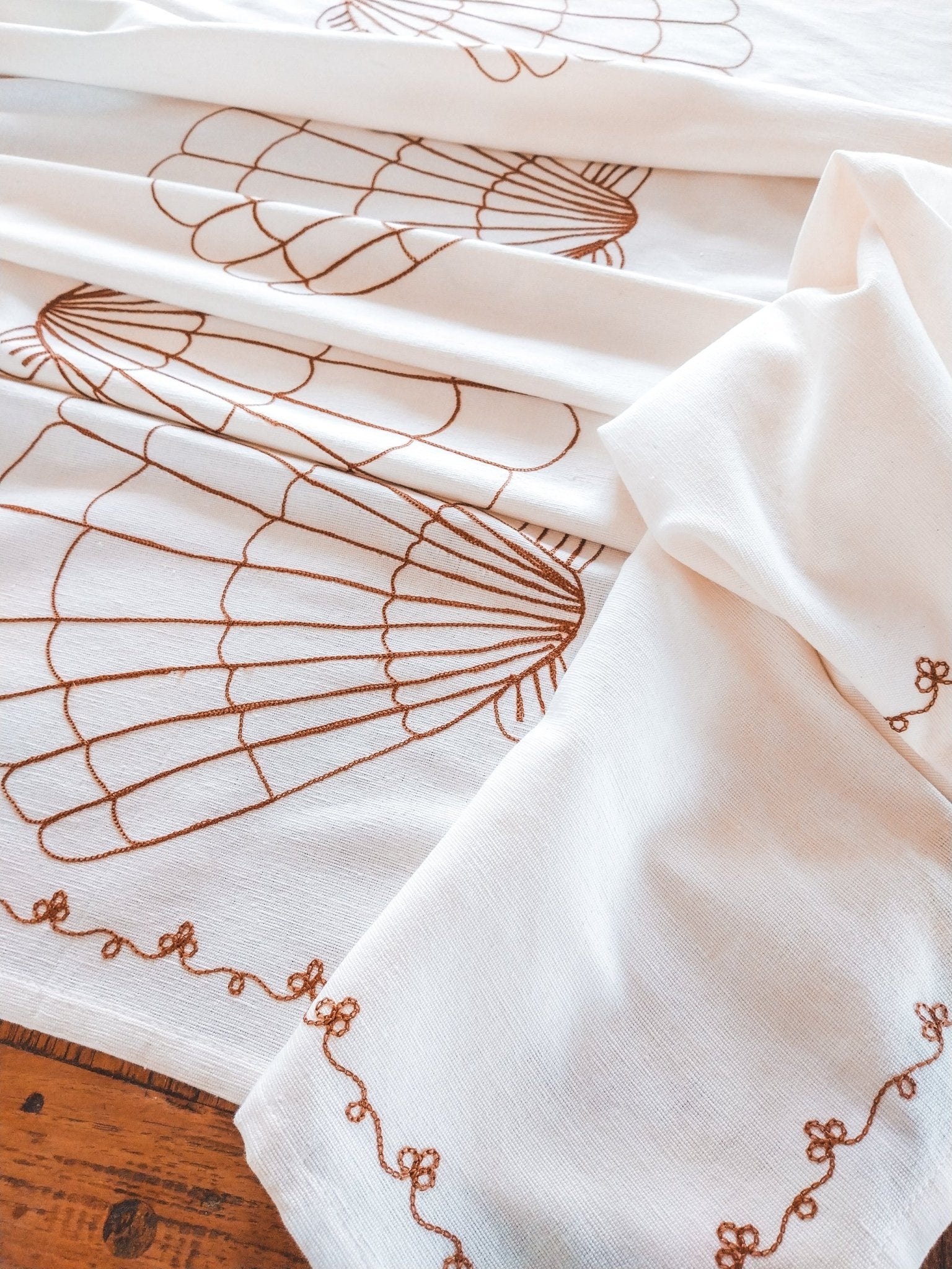 Cotton Tablecloth Deluxe with Terra Cotta Embroidered Shells - Zapurah - Tablescapes - www.zapurah.com