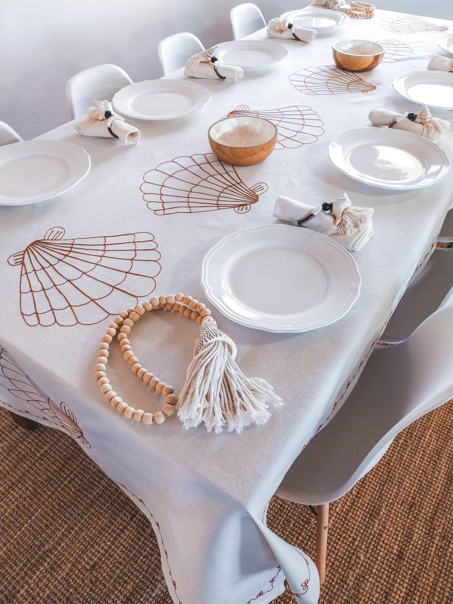 Cotton Tablecloth Deluxe with Terra Cotta Embroidered Shells - Zapurah - Tablescapes - www.zapurah.com
