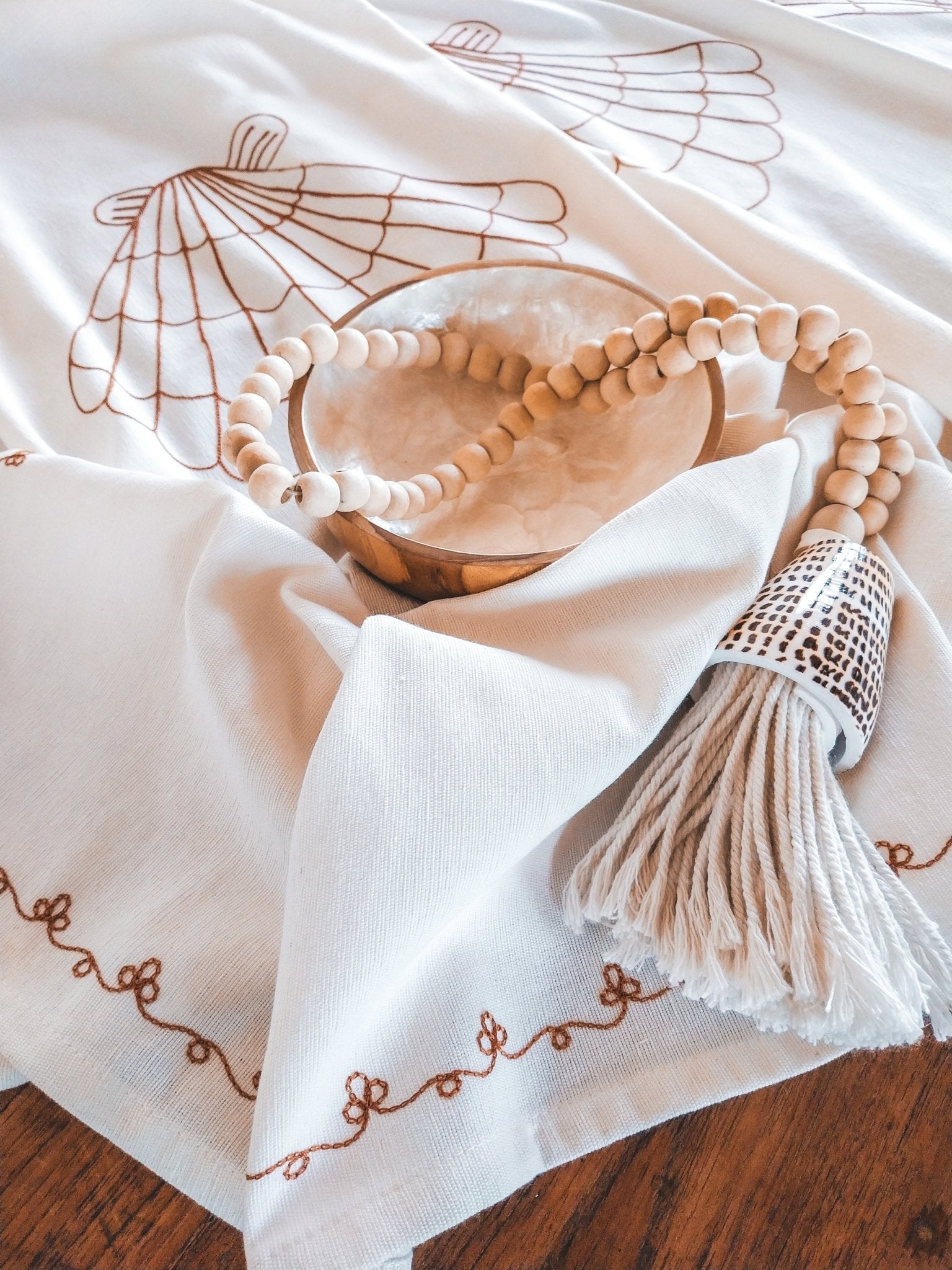 Cotton Tablecloth Deluxe with Terra Cotta Embroidered Shells - Zapurah - Tablescapes - www.zapurah.com