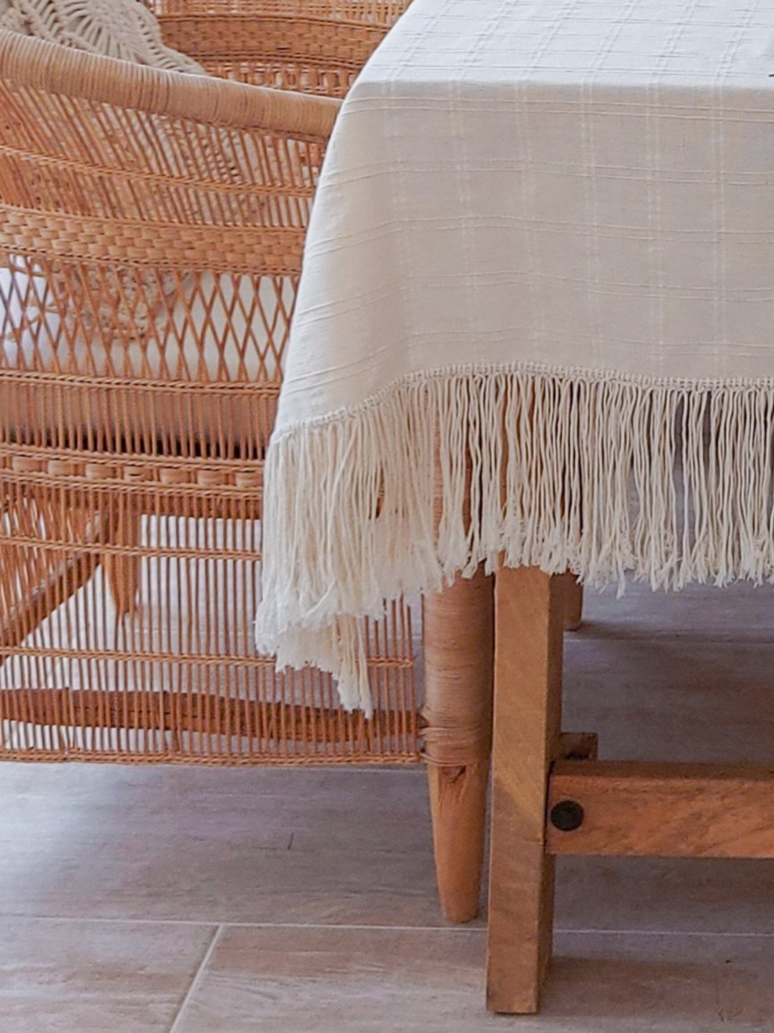 Tablecloth Handmade from Natural Off-white Cotton with Fringe on the borders - Zapurah - Table Decor - www.zapurah.com
