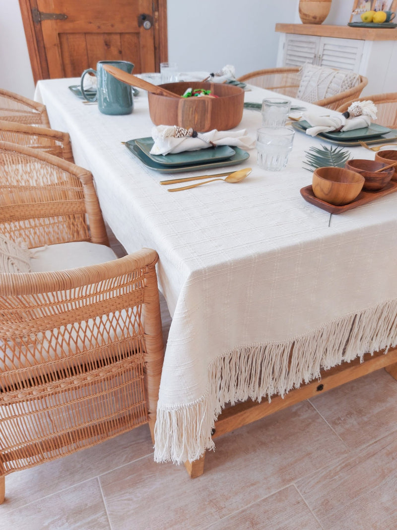 Tablecloth Handmade from Natural Off-white Cotton with Fringe on the borders - Zapurah - Table Decor - www.zapurah.com