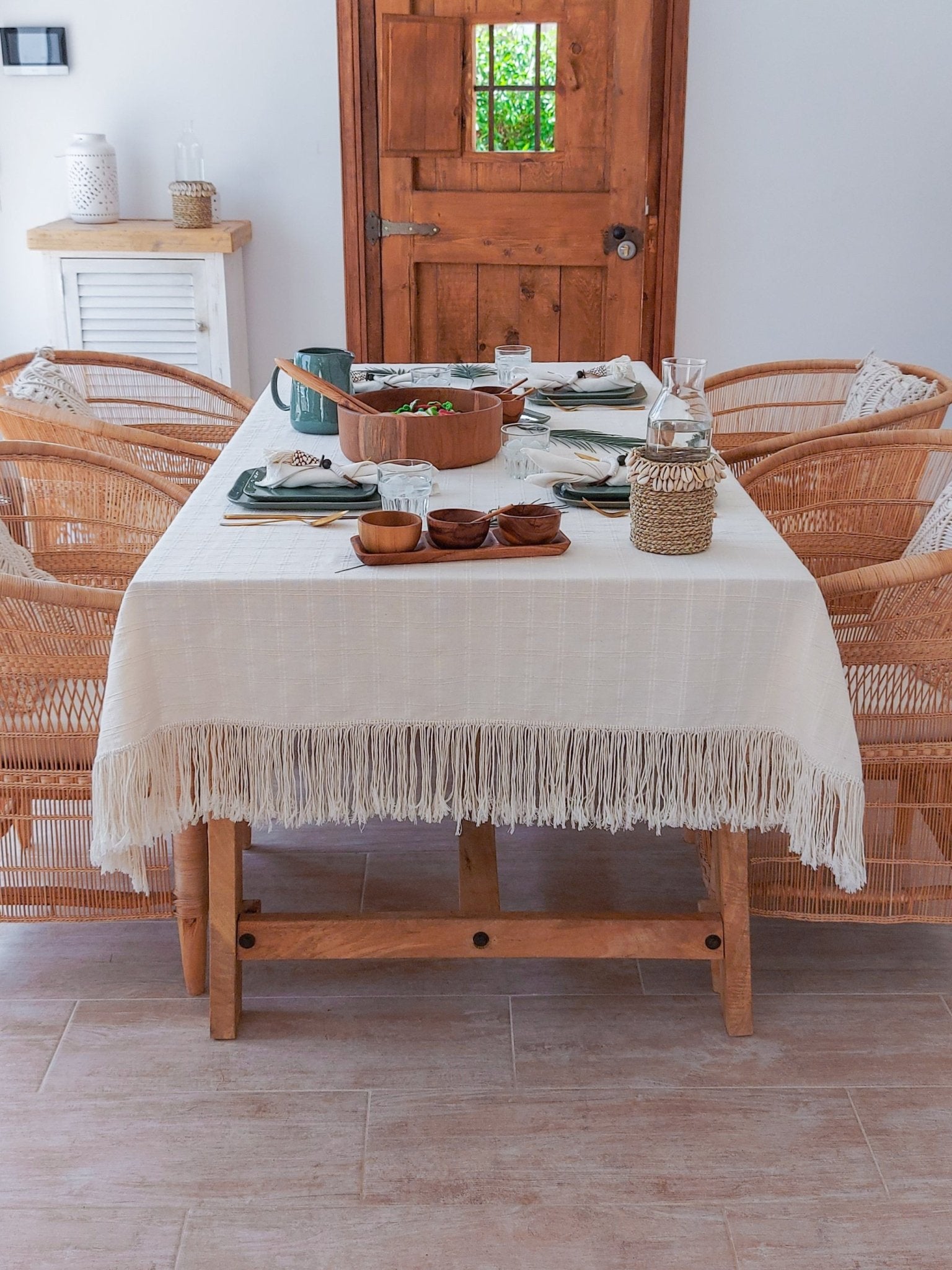 Tablecloth Handmade from Natural Off-white Cotton with Fringe on the borders - Zapurah - Table Decor - www.zapurah.com
