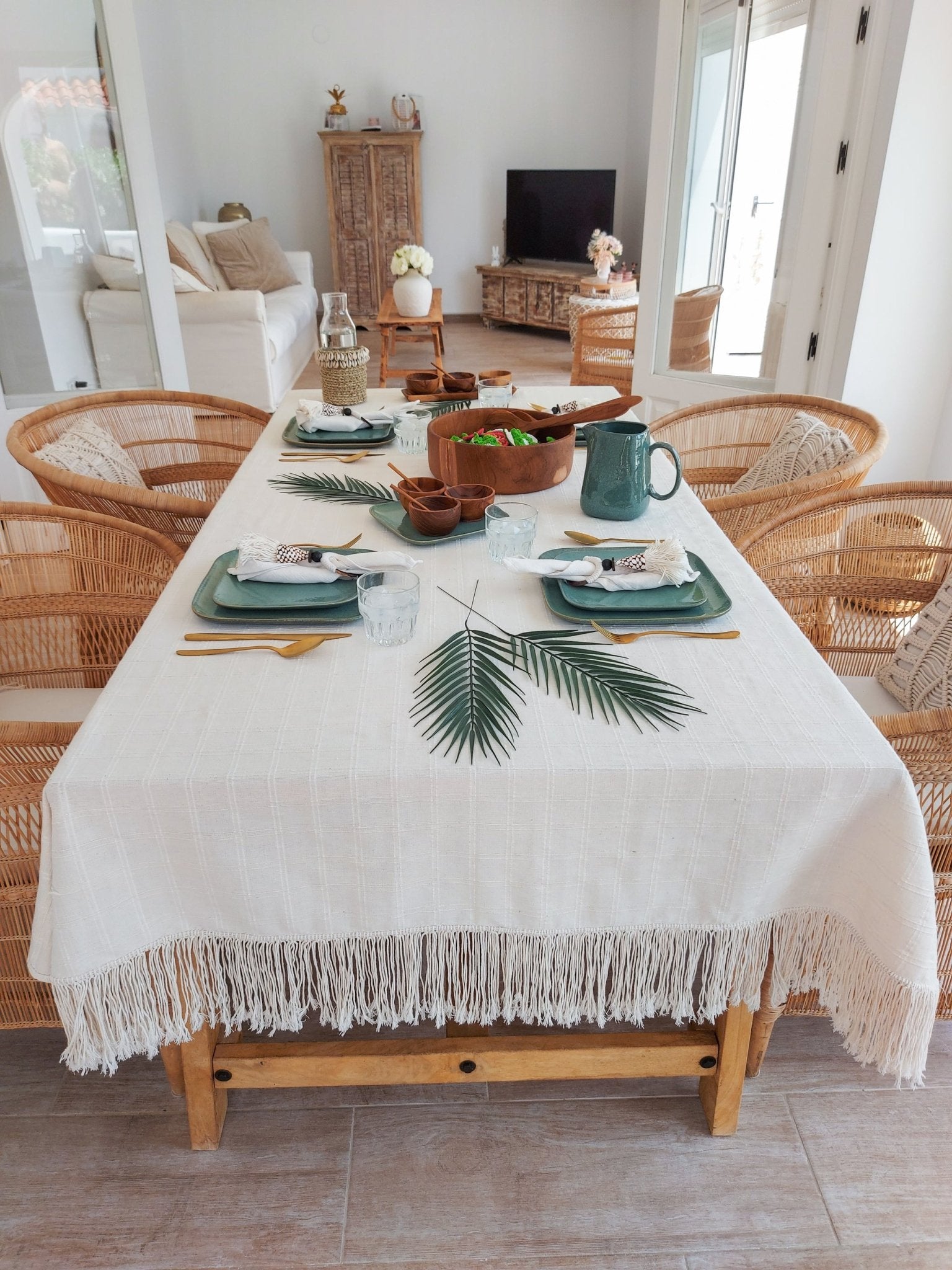Tablecloth Handmade from Natural Off-white Cotton with Fringe on the borders - Zapurah - Table Decor - www.zapurah.com