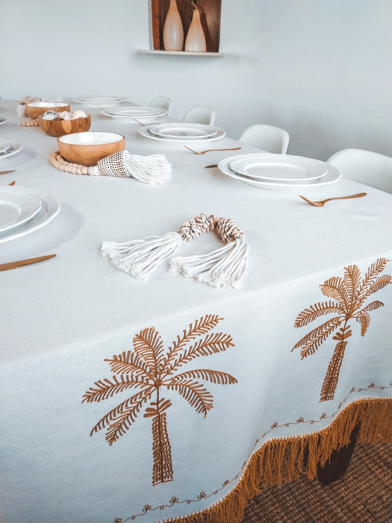 Luxurious Embroidered Tablecloth with Ocher Yellow Palm Trees and Fringe - Zapurah - Table Decor - www.zapurah.com - www.zapurah.com