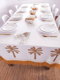 Luxurious Embroidered Tablecloth with Ocher Yellow Palm Trees and Fringe - Zapurah - Table Decor - www.zapurah.com - www.zapurah.com