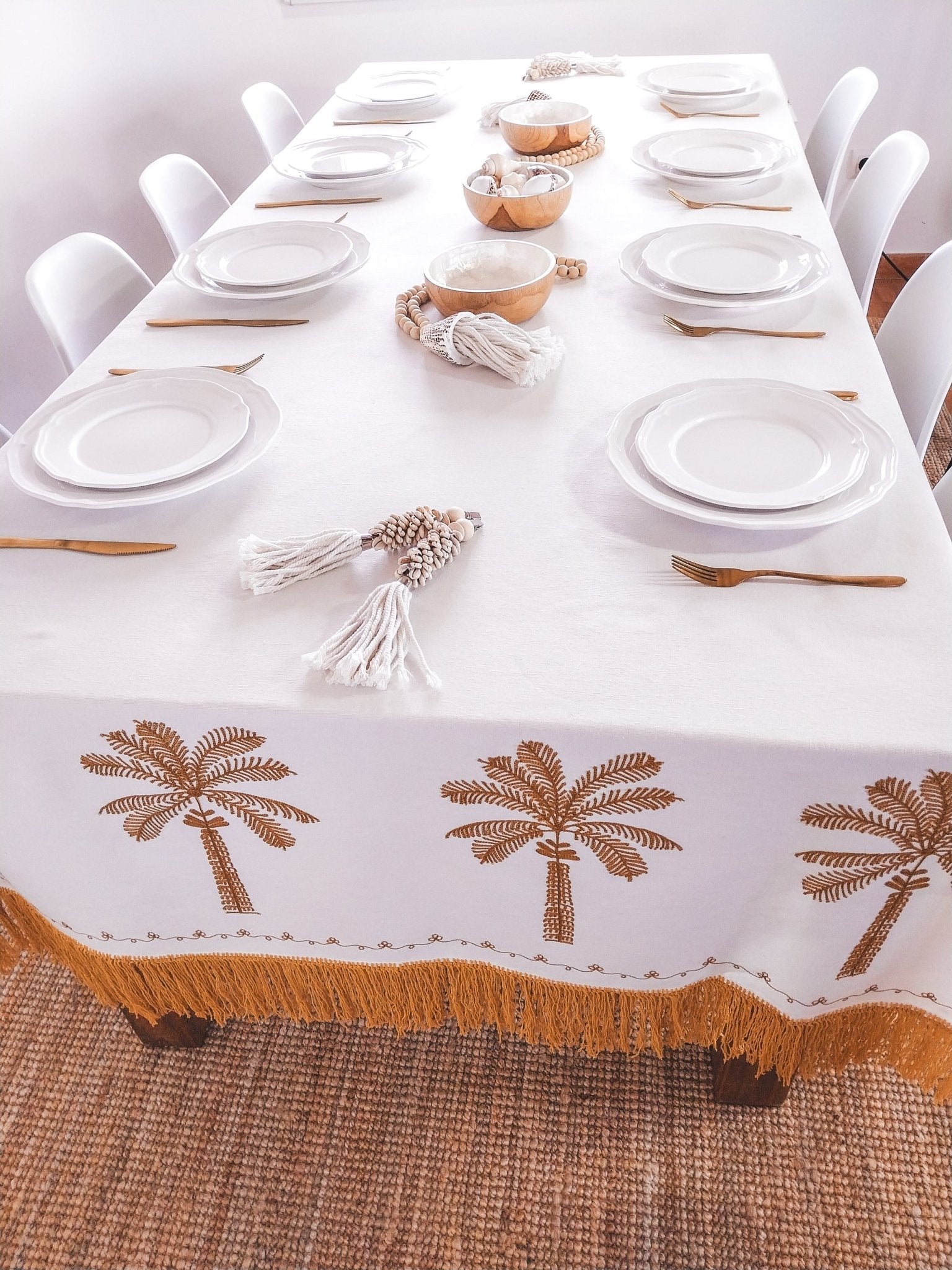 Luxurious Embroidered Tablecloth with Ocher Yellow Palm Trees and Fringe - Zapurah - Table Decor - www.zapurah.com - www.zapurah.com