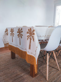 Luxurious Embroidered Tablecloth with Ocher Yellow Palm Trees and Fringe - Zapurah - Table Decor - www.zapurah.com - www.zapurah.com