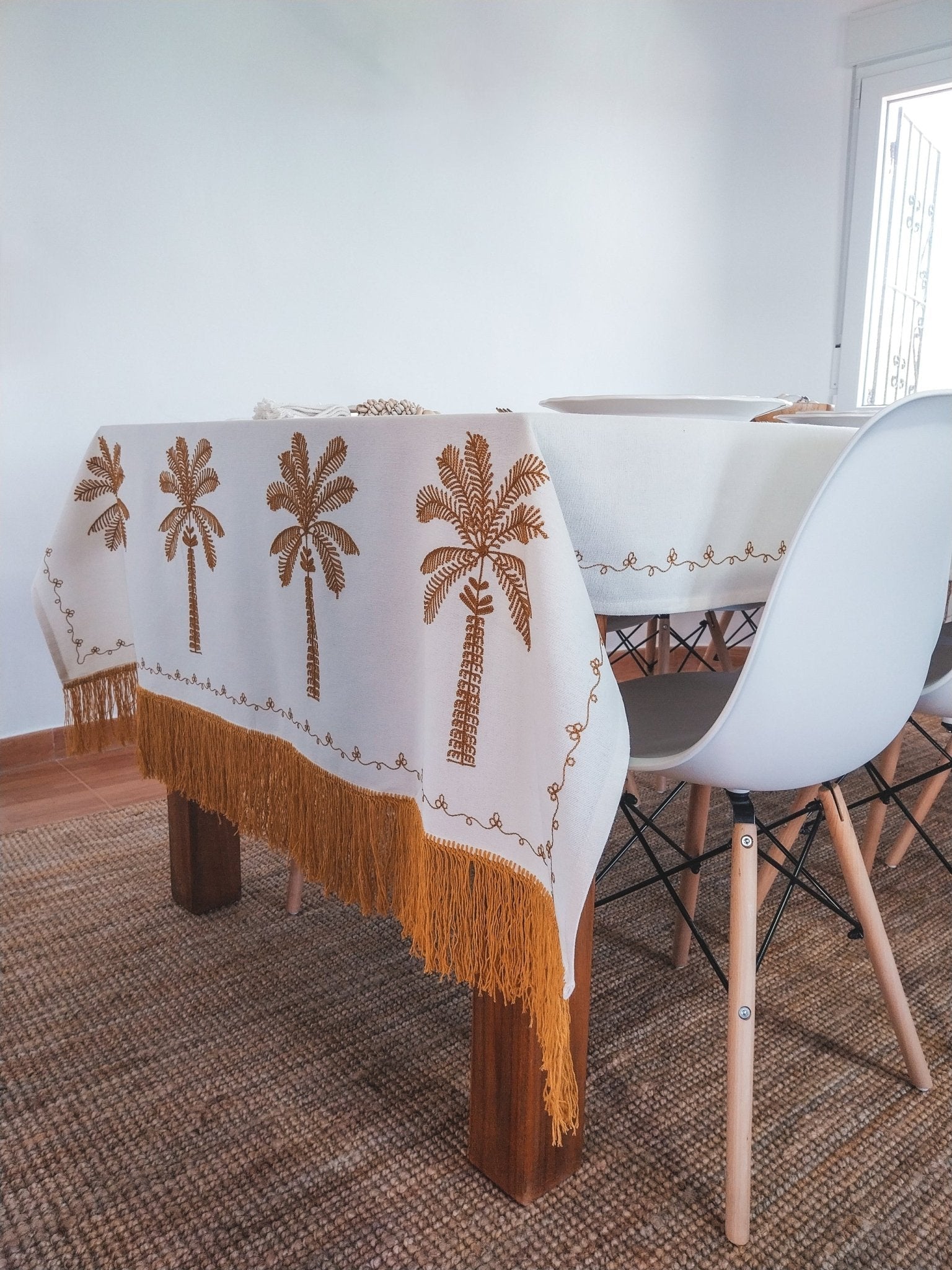 Luxurious Embroidered Tablecloth with Ocher Yellow Palm Trees and Fringe - Zapurah - Table Decor - www.zapurah.com - www.zapurah.com