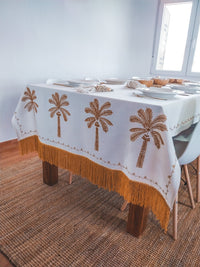 Luxurious Embroidered Tablecloth with Ocher Yellow Palm Trees and Fringe - Zapurah - Table Decor - www.zapurah.com - www.zapurah.com