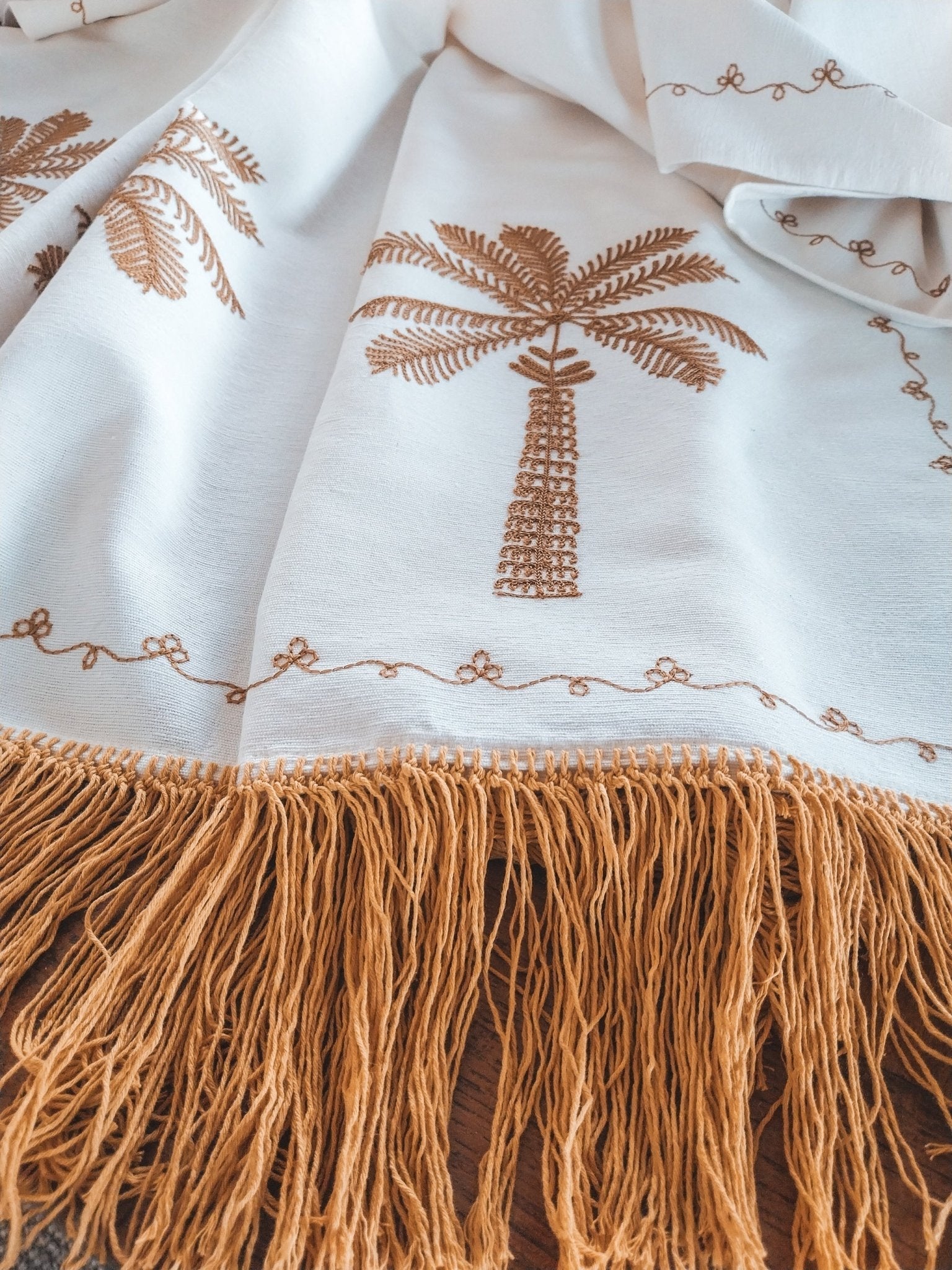 Luxurious Embroidered Tablecloth with Ocher Yellow Palm Trees and Fringe - Zapurah - Table Decor - www.zapurah.com - www.zapurah.com