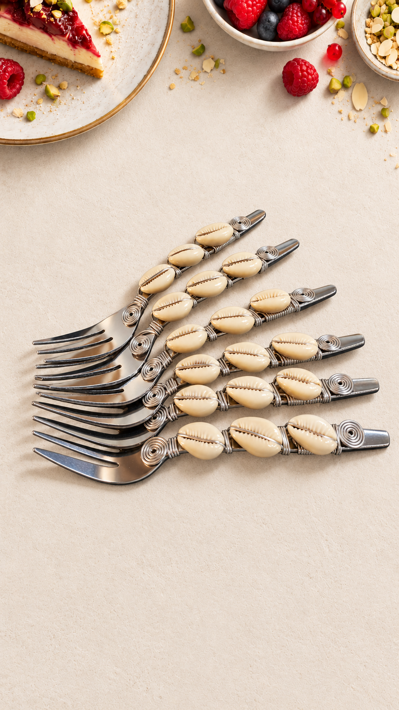 Set of 6 pastry forks with shell-decorated handles and silver-coloured metal, handcrafted as The Koray.
