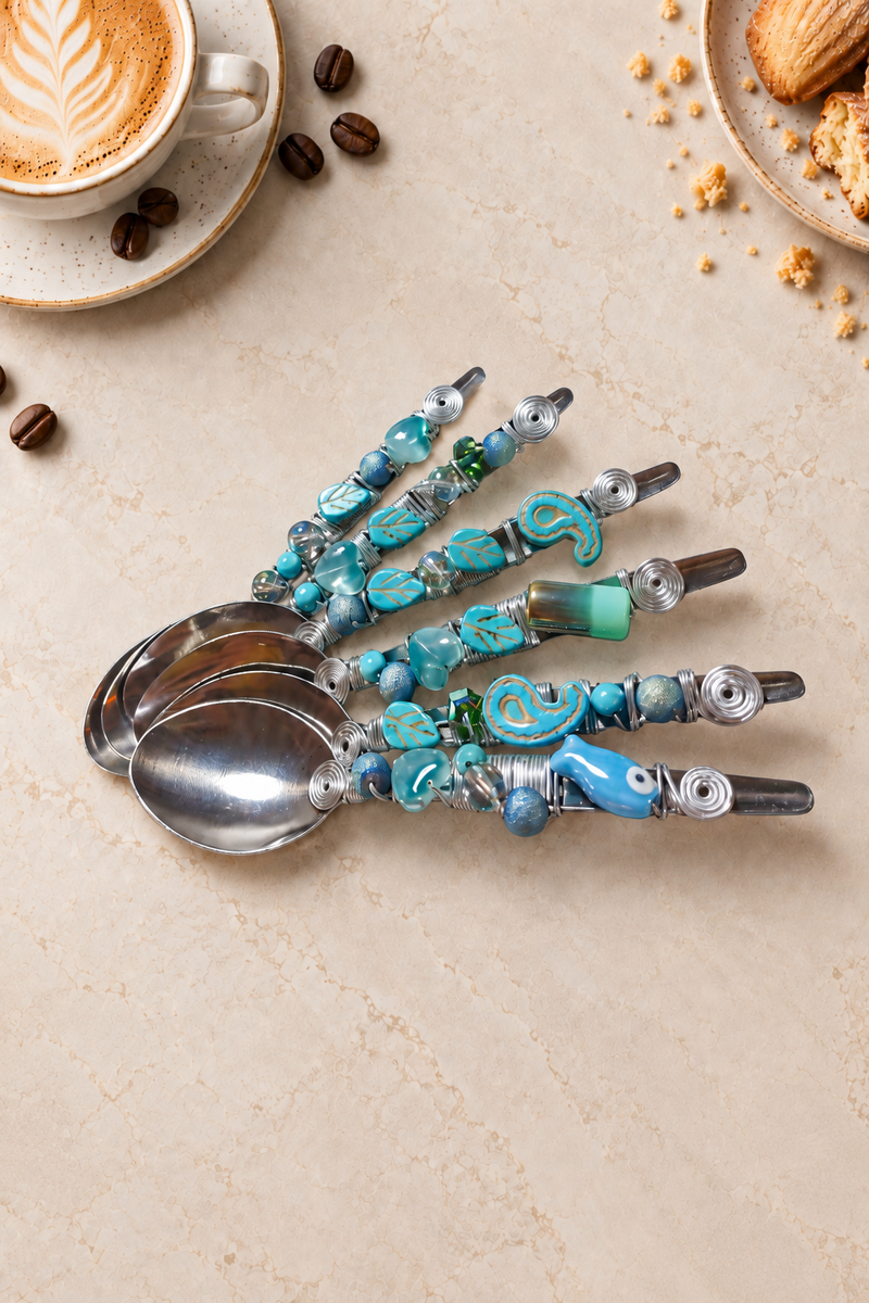 The Melan set of 6 decorative coffee spoons with silver-coloured spoon heads, turquoise and blue beads, glass accents and handcrafted silver wire detailing.