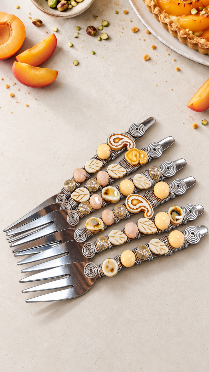 The Nadira pastry forks in a set of 6, featuring neutral beaded handles, silver-coloured metal and handcrafted decorative accents.