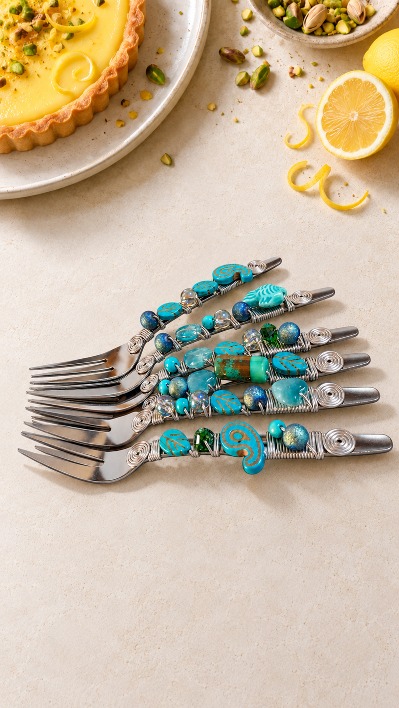 Handcrafted set of 6 pastry forks with turquoise beads, silver-coloured forks and decorative detailing, The Minoo.