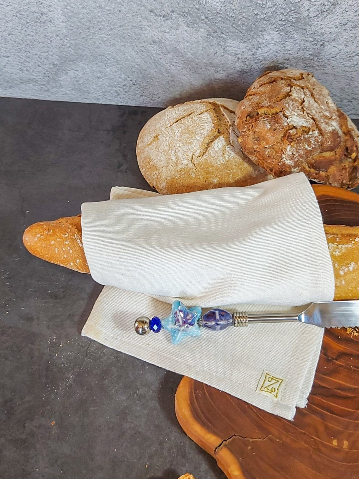 Luxurious Bread Knife with Blue Beads for cutting bread, cake, pastry and pies - Zapurah - Tablescapes - www.zapurah.com
