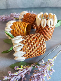 Natural Round Rattan Napkin Rings with Cowrie Shells - Set of 4, - Zapurah - Lifestyle - www.zapurah.com
