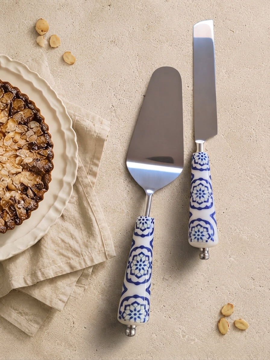 The Asri blue and white cake knife and server set