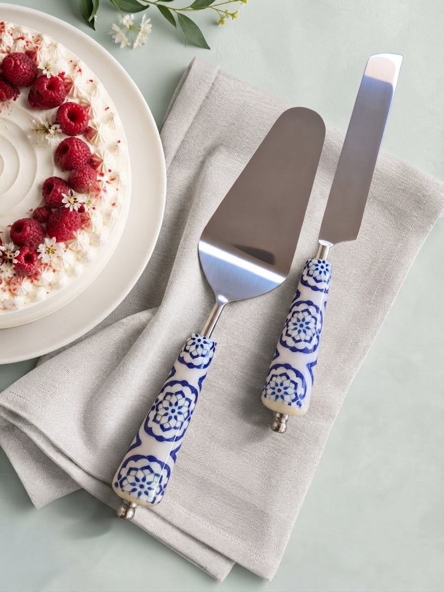 Cake knife and server with blue and white patterned handles, the Asri 