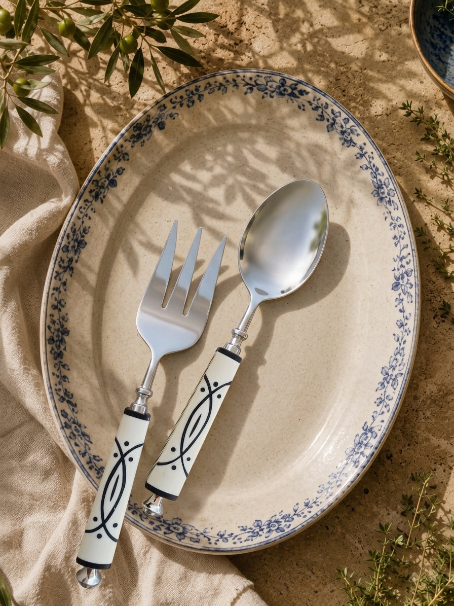 White and black resin handled salad servers with silver heads, The Avani