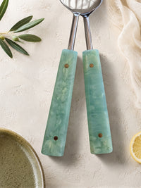 Salad serving spoon and fork with silver heads and jade green resin handles, The Calia