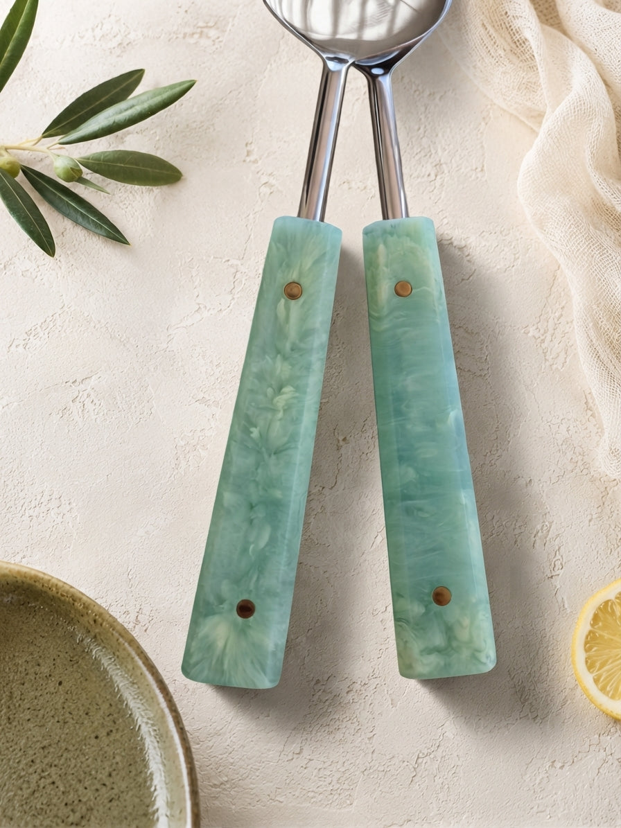 Salad serving spoon and fork with silver heads and jade green resin handles, The Calia