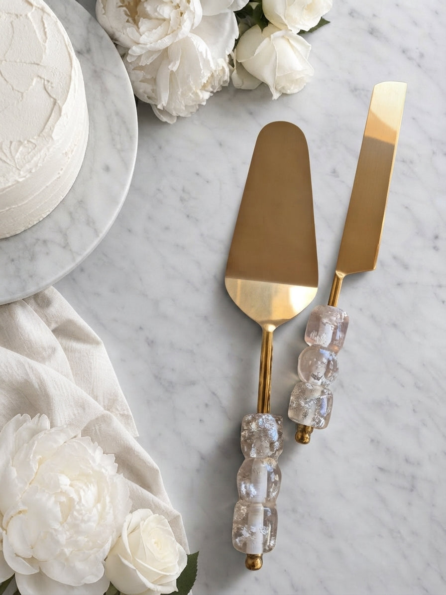 Gold cake knife and server with transparent beaded handles, the Embun serving set