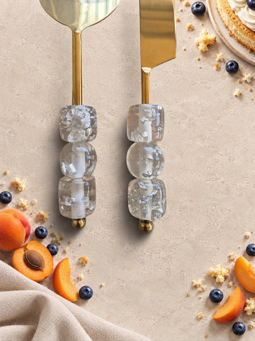 Detail of the Embun cake knife and server with clear beaded handles