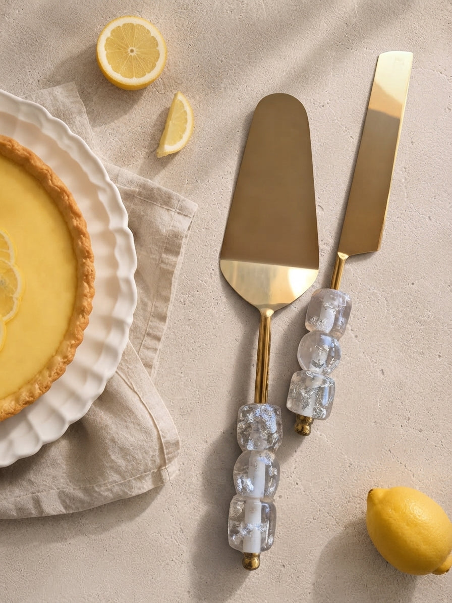Gold cake serving set with clear beaded handles, the Embun