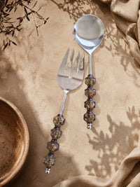 Salad serving spoon and fork with silver heads and smoky brown faceted beaded handles from The Kalina