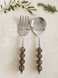 The Kalina Salad Servers by Zapurah with smoky brown beaded handles and silver finish