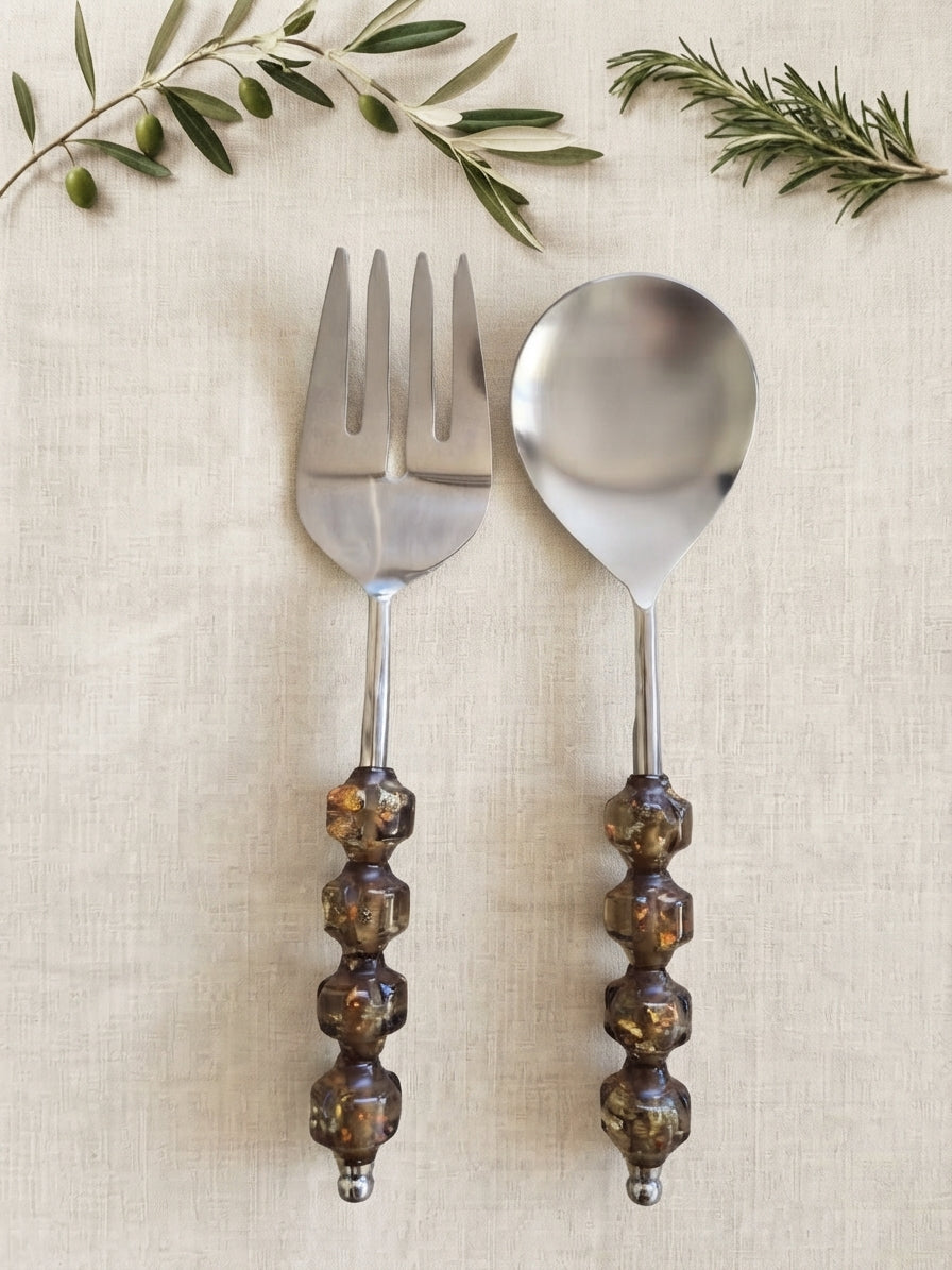 The Kalina Salad Servers by Zapurah with smoky brown beaded handles and silver finish
