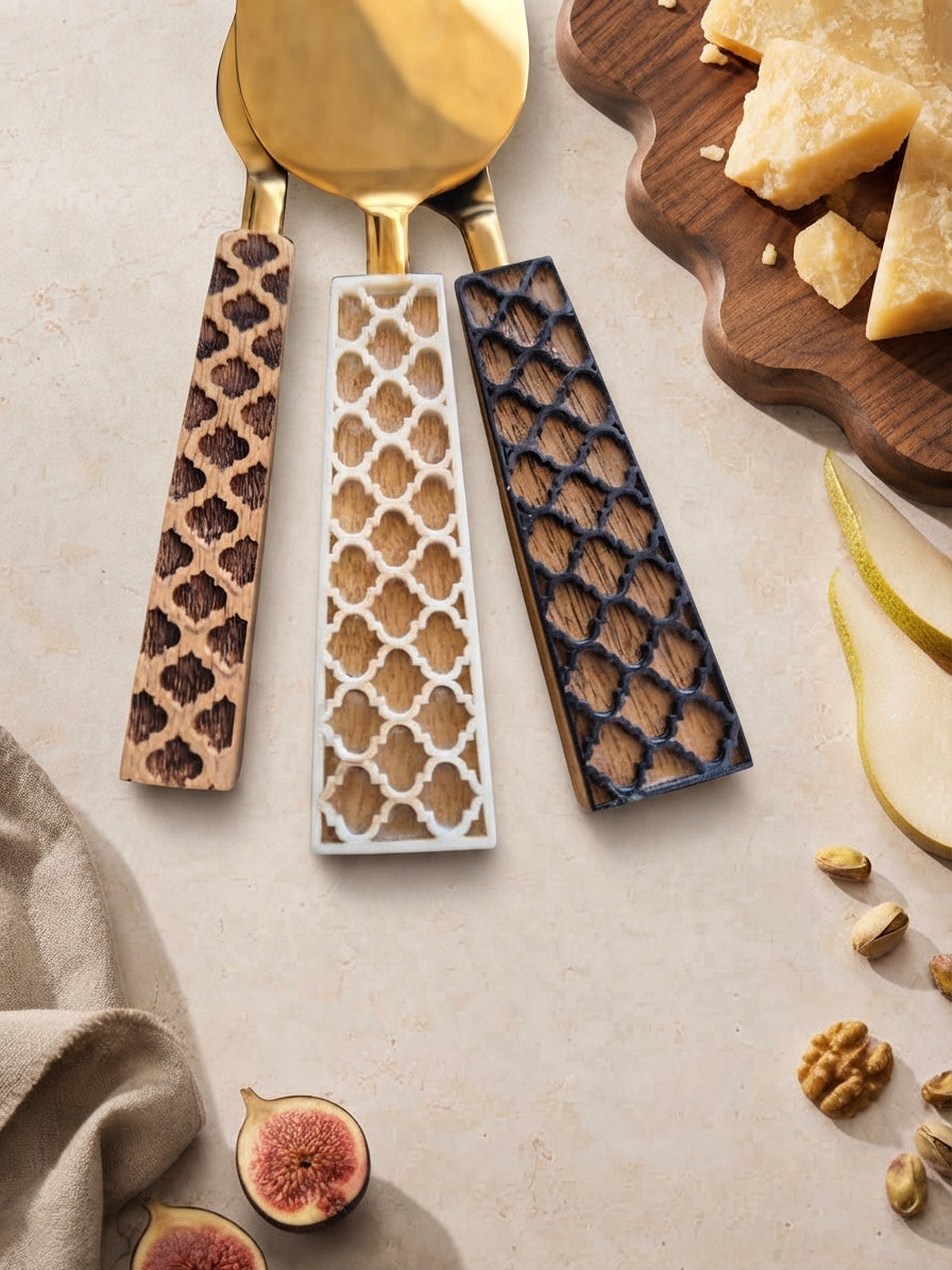 Close up of The Kartika cheese knives with gold heads and mixed brown, ivory and dark brown handles