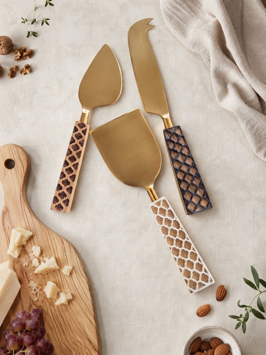 The Kartika cheese knives with gold heads and animal inspired patterned handles in brown, ivory and dark brown
