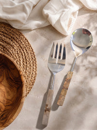 Salad serving spoon and fork with silver heads and natural brown and cream marbled handles, The Kumala