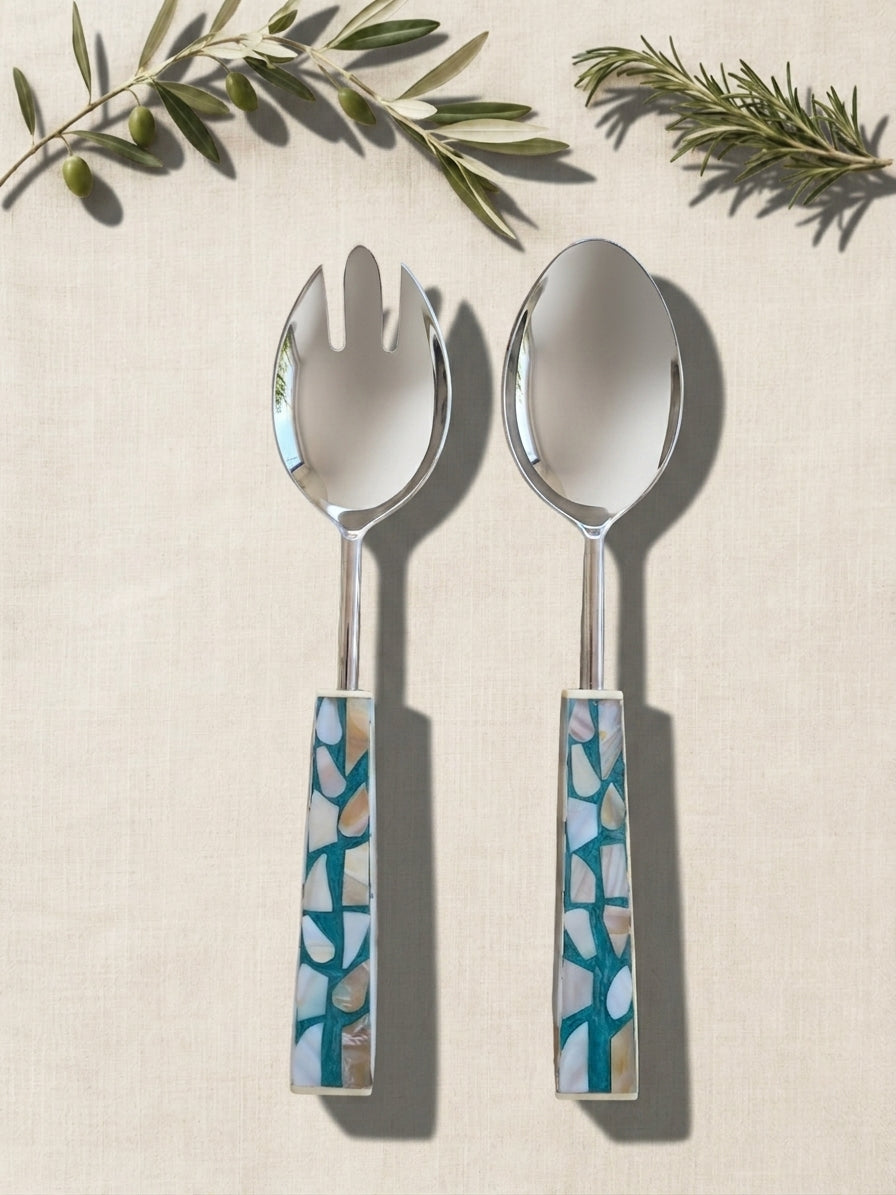 The Laraya Salad Servers by Zapurah with turquoise mosaic-style handles and silver finish